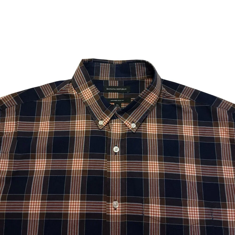 Banana Republic Dress Shirt Mens Untucked Slim Fit Plaid Size XL 100% Cotton